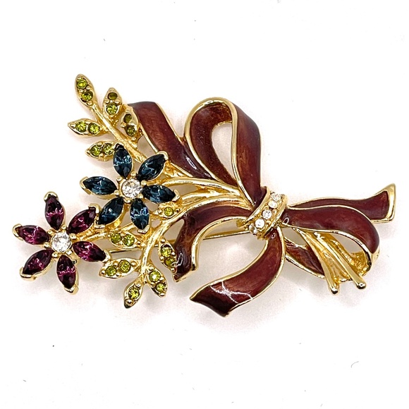 Monet Signed Vintage Rhinestone Enamel Flower Bow Pin Brooch - Picture 1 of 11